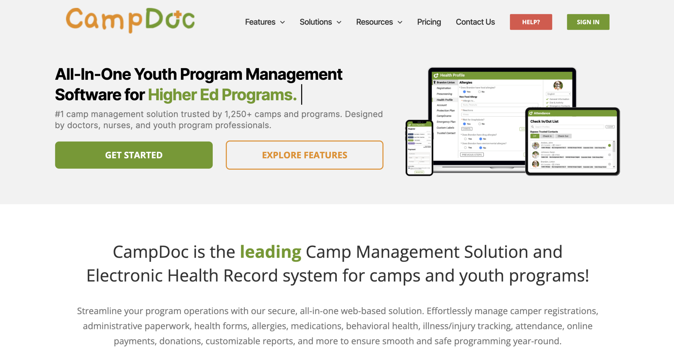 Screenshot of CampDoc homepage